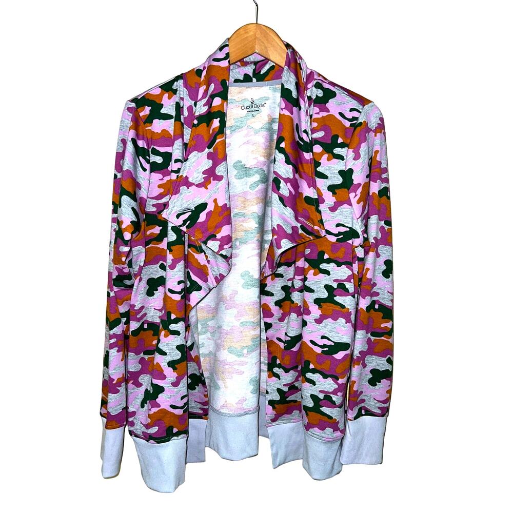 Cuddl Duds Large Cardigan Sweatshirt Purple Pink Gray Camo Thumb Holes Top QVC